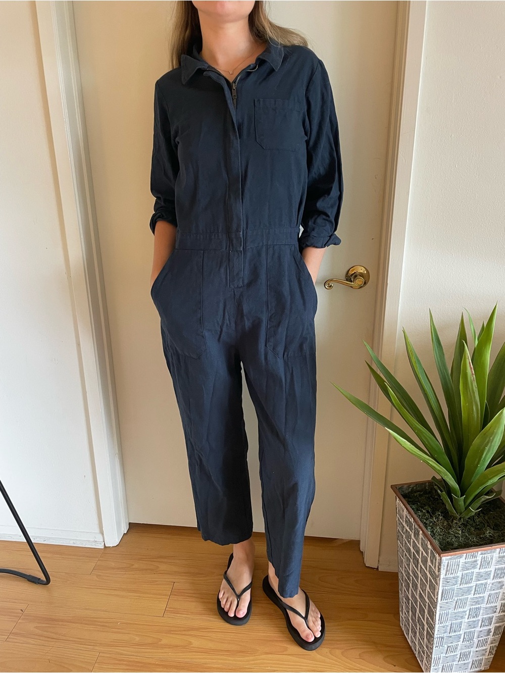 Navy linen utility jumpsuit